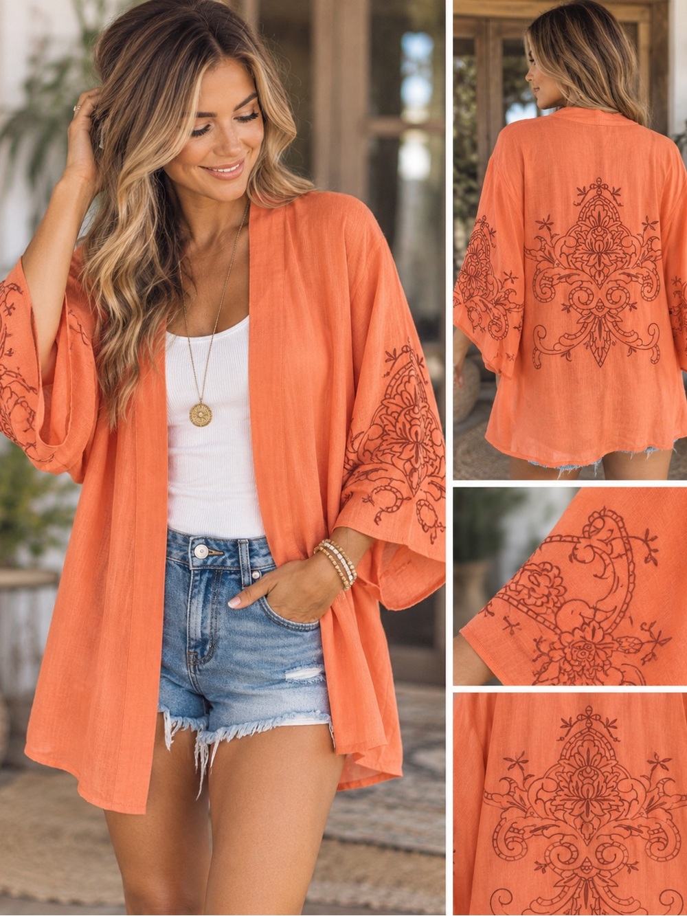 Lucky Brand Orange Embroidered Open-Front Kimono